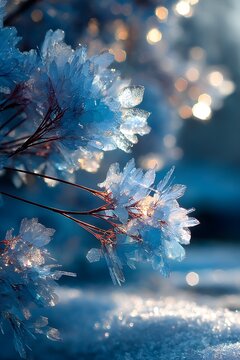 Delicate Frozen Blossoms: Captivating Nature's Artwork in Soft Blue Hues and Crystalline Petals Through Ethereal Wintry Elegance