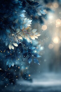 Ethereal Light and Blue Leaves in a Magical Forest: Dreamy Atmosphere and Bokeh Effect Enhance Whimsical Charm of Enchanting Landscape