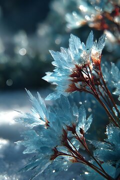 Frosted Leaves and Delicate Petals: Icy Blue Crystal Flora in a Wintry Wonderland of Subtle Elegance and Pure Serenity