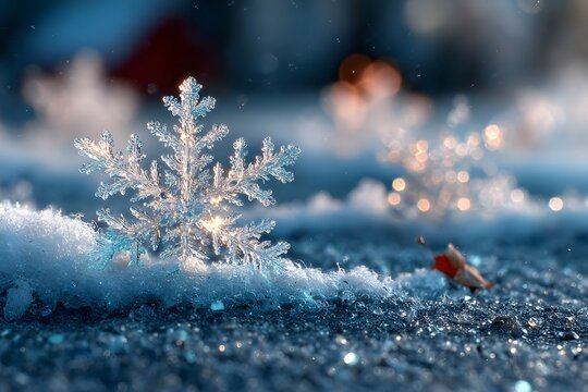 Delicate Ice Crystals Shimmer in a Winter Wonderland: Capturing Snowflake Magic and Frosty Beauty in a Serene and Festive Landscape