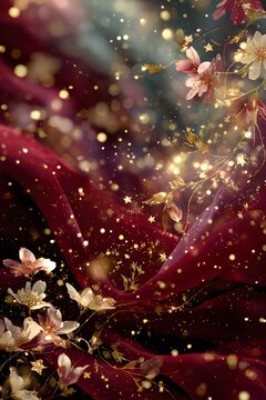Romantic Elegance: Blossoms and Velvet Sparkle in Ethereal Contrast with Floral Magic and Sensuous Petals Amid Twinkling Lights for a Dreamy Atmosphere