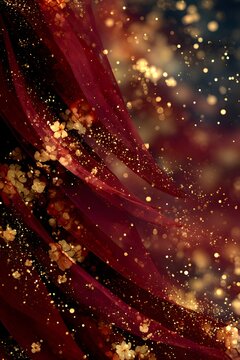 Red Shimmering Gold Bokeh Effects with Ethereal Abstract Art and Flowing Fabric Textures