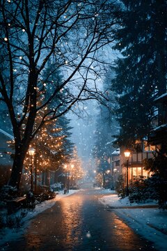 Serene Evening in a Snowy Street Winter Wonderland: Festive Cheer with Twinkling Lights and Cozy Homes Amidst Tranquil Atmosphere