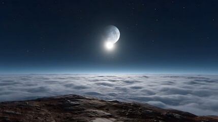 Naklejka premium A view from a rocky peak over a sea of clouds towards a bright celestial body and stars in the night sky
