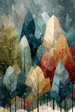 Abstract Autumn Foliage & Snowfall Art: Explore Whimsical Forest and Layered Mountains in Seasonal Nature Inspired Artwork