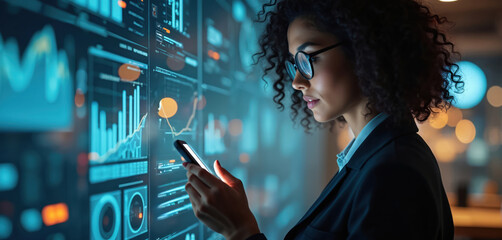 Business woman with smartphone analyzes futuristic data on large digital screen. Pro manager works with financial charts, tech analytics. Female interacts with holographic dashboard, AI interface,