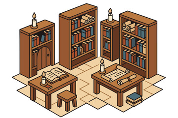 Fototapeta premium Cozy isometric library interior with books, shelves, and candlelit ambiance