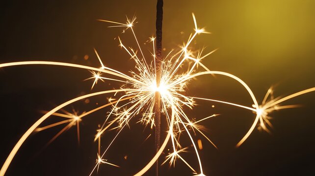 Macro close up of a lit sparkler with glowing light trails and sparks against a dark yellow background