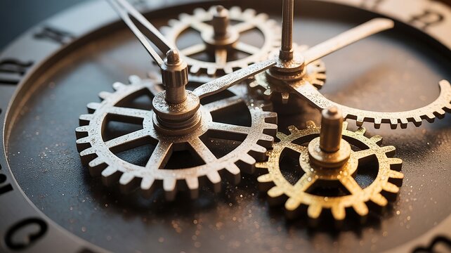 Macro close up of interlocking clock gears with Roman numerals and hands clockwork clock mechanism - Powered by Adobe