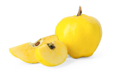 Whole and cut ripe quince fruits isolated on white