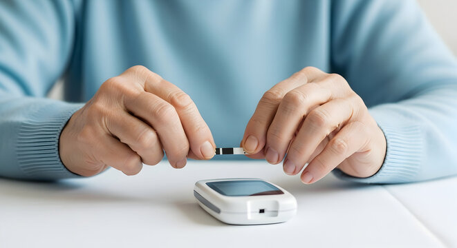 Close up of senior woman hands checking blood sugar level with glucose meter