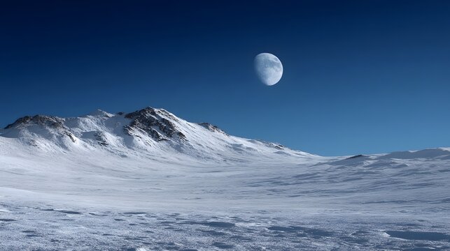 A vast snow covered mountain landscape under a clear blue sky with a bright moon