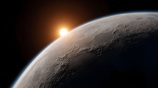 The sun peeks over the horizon of a heavily cratered celestial body casting light across its textured surface in space
