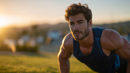 Fototapeta premium Intense fitness training scene of athletic male performing pushups at twilight, golden beams highlighting toned muscles, open park landscape glowing under evening light