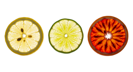 Three citrus fruit slices, including a lemon, lime, and blood orange, isolated on transparent background