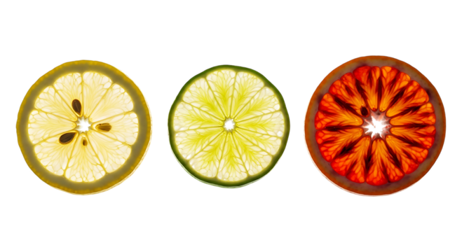Three citrus fruit slices, including a lemon, lime, and blood orange, isolated on transparent background