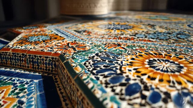 Colorful tiled table showcases intricate Moroccan patterns in artistic design