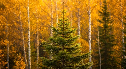 Fototapeta premium Vibrant Autumn Forest with Evergreen and Golden Birch Trees.