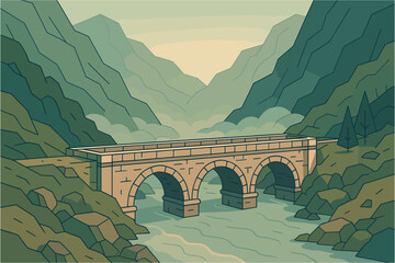 Fototapeta premium Scenic landscape with stone bridge and serene river in mountain valley