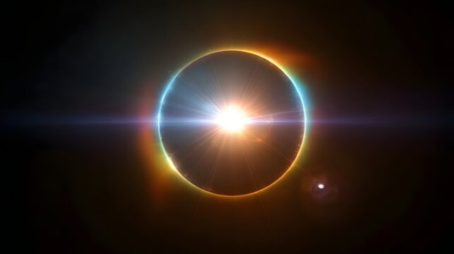 A vibrant solar eclipse displays a brilliant corona with colorful rings and radiant light rays against a dark cosmic background