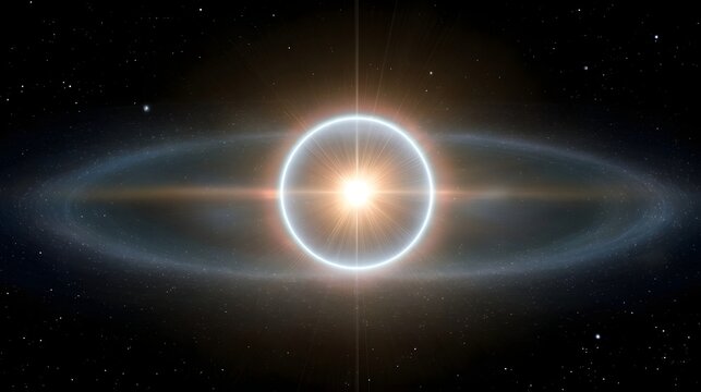 A brilliant glowing star is encircled by a luminous ring of cosmic dust and debris in the vastness of space with radiant light rays emanating from - Powered by Adobe