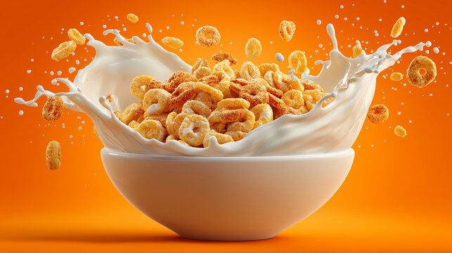 Cereal bowl with milk splashing in an energetic, dynamic burst against an orange background, evoking freshness and joy.