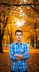 Young Man Standing in Autumn Park with Colorful Leaves.