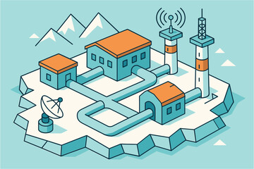 Remote winter research facility with satellite and communication towers in isometric design
