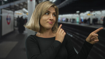 Woman pointing finger at platform inside train station concourse under fluorescent lighting;...