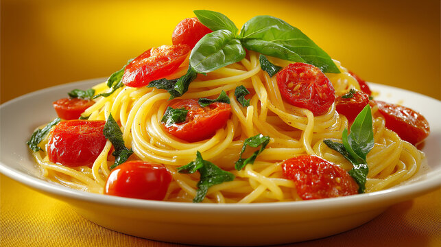A close-up of spaghetti with tomatoes and fresh basil on a warm, golden background, evoking an Italian dish.