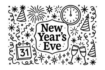 Festive new year's eve celebration with clocks, fireworks, and party elements in linear style