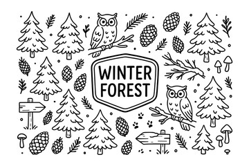 Winter forest doodles with owls, trees, and pinecones in black and white