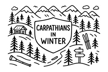 Fototapeta premium Carpathians winter adventures: cabin, ski, and alpine charm in monochrome design