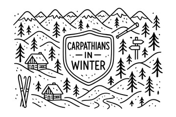 Fototapeta premium Hand-drawn carpathian winter landscape with cabins and pine trees