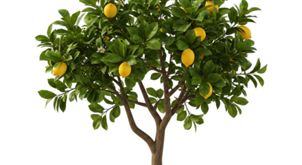 A vibrant lemon tree laden with ripe yellow lemons, isolated on a clean transparent background, showcasing its lush green foliage and sturdy branches