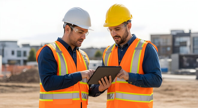 Two construction workers looking at a digital tablet on a construction site outdoors during day