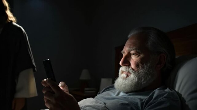 Man in bed on phone ignores Jesus Christ appearing in dark room. Spiritual dilemma and modern distractions concept.