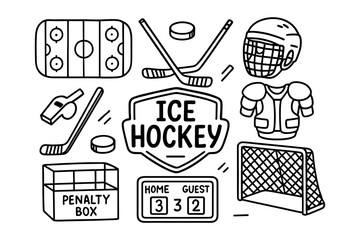 Hand-drawn ice hockey elements: rink, equipment, and scoreboard in black and white