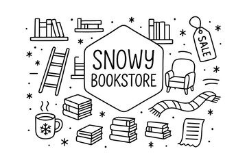 Cozy winter bookshop: hand drawn elements with books, hot drinks, and snowflakes