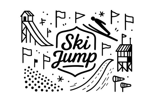 Monochrome ski jump scene with winter sports elements and flags