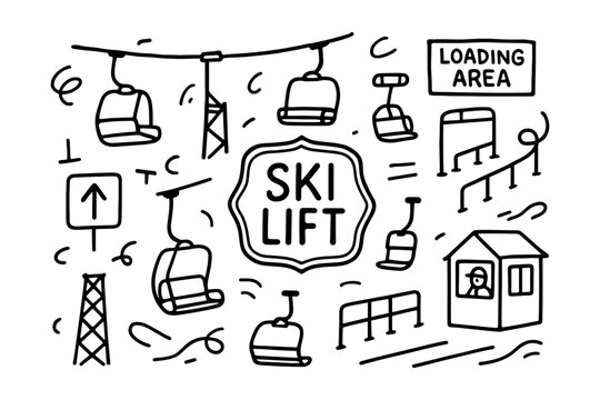 Hand drawn ski lift doodles with chairlifts and winter sport elements