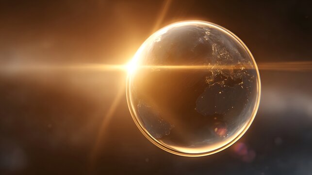 Golden sun illuminating planet Earth from space with city lights visible on the dark side