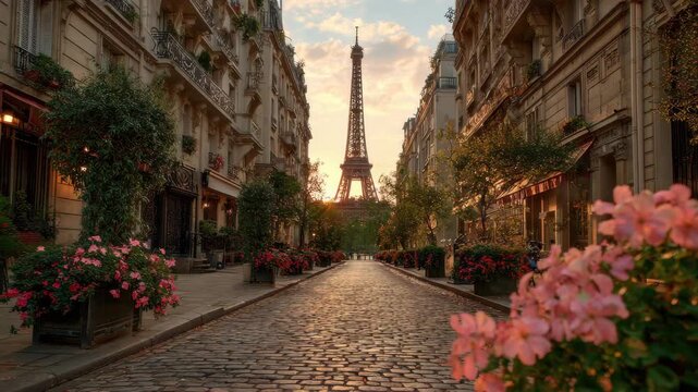 Charming street view of Paris with blooming flowers and the Eiffel Tower at sunset in the background