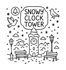 Fototapeta premium Snowy clock tower scene with birds and benches in winter wonderland