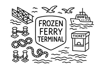 Fototapeta premium Frozen ferry terminal: black and white hand drawn nautical elements