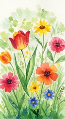 Fototapeta premium Vibrant Watercolor Floral Arrangement - A Colorful Garden of Blossoms.