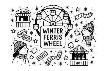 Fototapeta premium Winter ferris wheel fun doodle with cozy hats and hot drinks