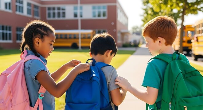Three Schoolchildren Walking Outside with Backpacks on Sunny Day at School