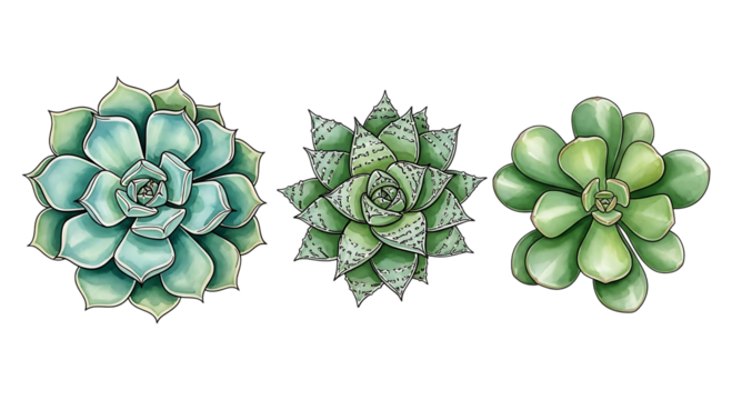 Three distinct succulent plants, each with unique rosette patterns and varying shades of green, isolated on transparent background