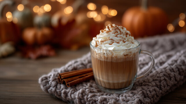 Rustic coffee table scene featuring layered pumpkin latte with whipped cream, cinnamon bundle and straw, cozy amber light reflecting autumn comfort and indulgence